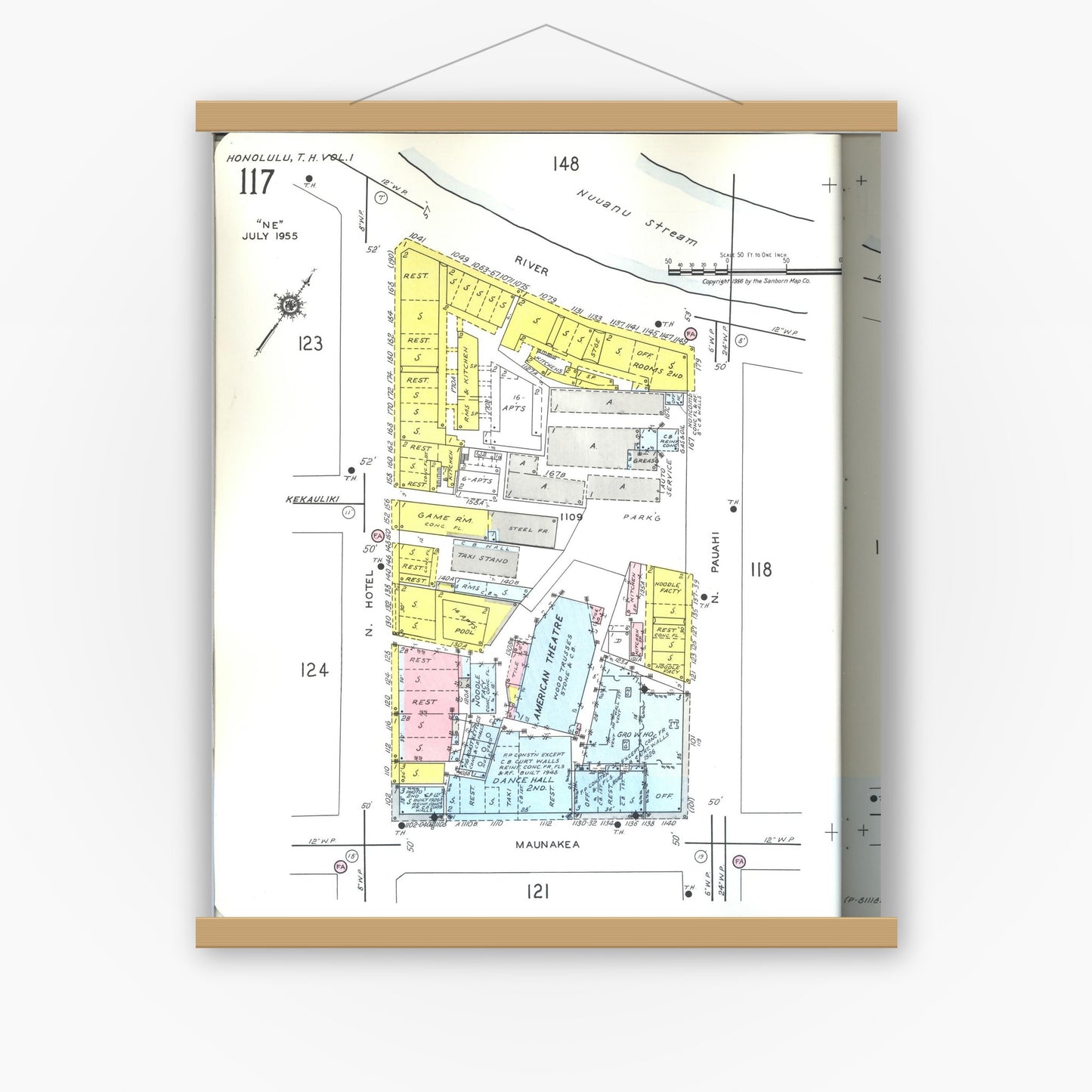 Old map wall art mockup — magnetic wood frame on white wall — Sanborn Fire Insurance Map from Honolulu, Oahu County, Hawaii (1955), Sheet #0117