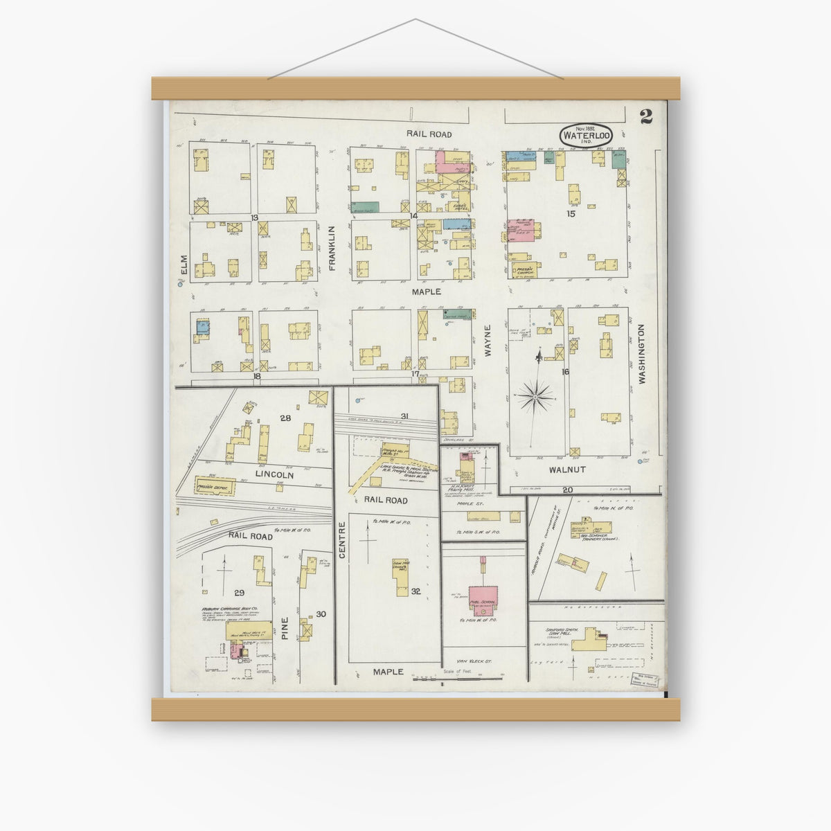 Old map wall art mockup — magnetic wood frame on white wall — Sanborn Fire Insurance Map from Waterloo, De Kalb County, Indiana (1892), Sheet #0002