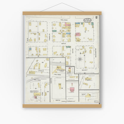 Old map wall art mockup — magnetic wood frame on white wall — Sanborn Fire Insurance Map from Waterloo, De Kalb County, Indiana (1892), Sheet #0002