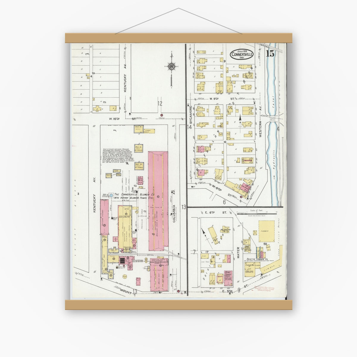 Old map wall art mockup — magnetic wood frame on white wall — Sanborn Fire Insurance Map from Connersville, Fayette County, Indiana (1919), Sheet #0015