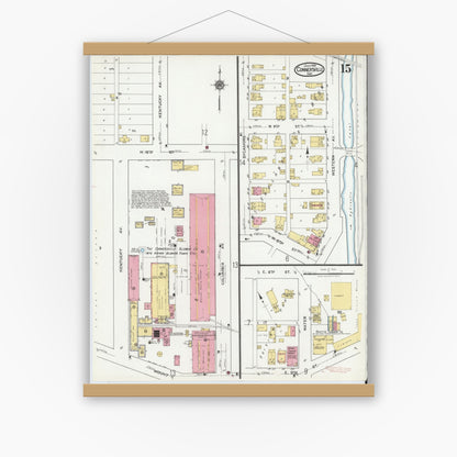 Old map wall art mockup — magnetic wood frame on white wall — Sanborn Fire Insurance Map from Connersville, Fayette County, Indiana (1919), Sheet #0015