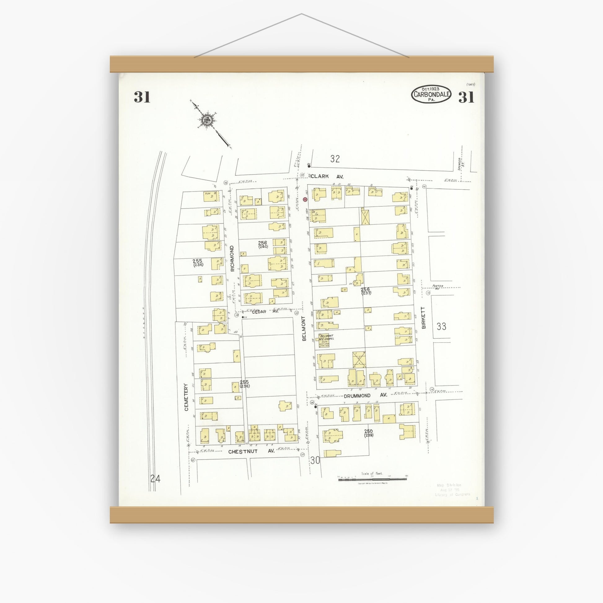 Old map wall art mockup — magnetic wood frame on white wall — Sanborn Fire Insurance Map from Carbondale, Lackawanna County, Pennsylvania (1923), Sheet #0031
