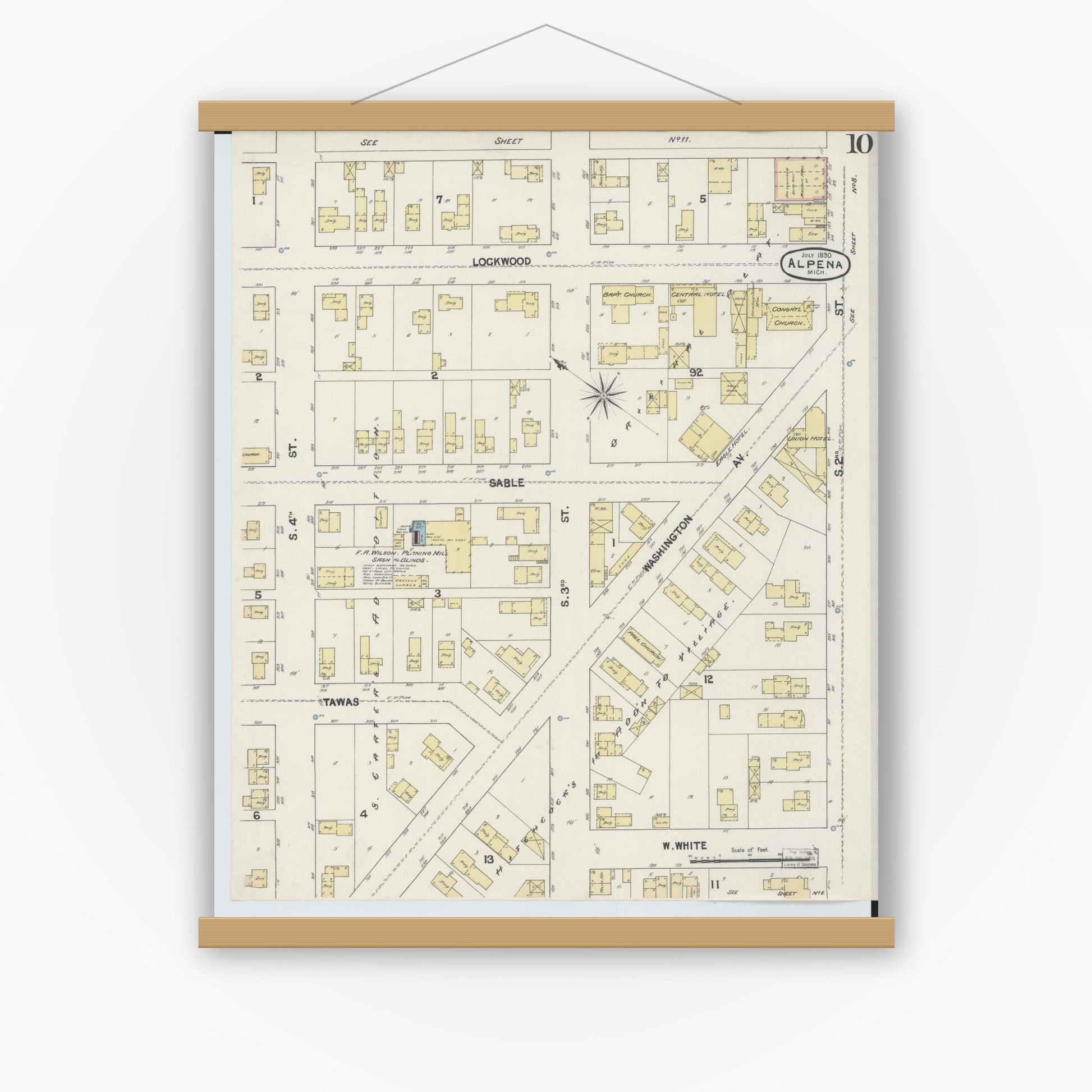 Old map wall art mockup — magnetic wood frame on white wall — Sanborn Fire Insurance Map from Alpena, Alpena County, Michigan (1890), Sheet #0010