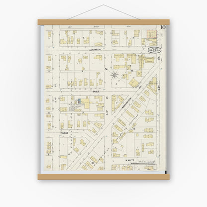 Old map wall art mockup — magnetic wood frame on white wall — Sanborn Fire Insurance Map from Alpena, Alpena County, Michigan (1890), Sheet #0010