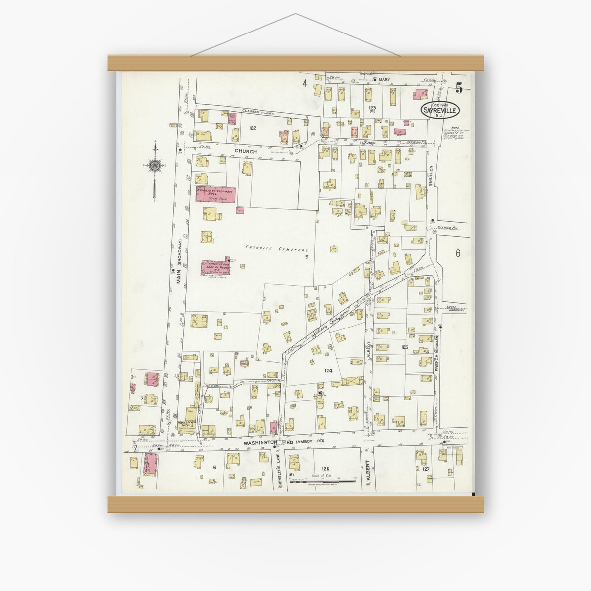 Old map wall art mockup — magnetic wood frame on white wall — Sanborn Fire Insurance Map from Sayreville, Middlesex County, New Jersey (1920), Sheet #0005