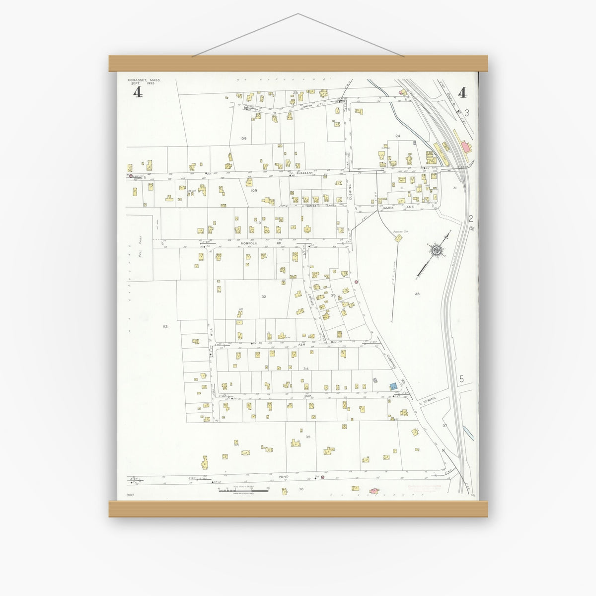 Old map wall art mockup — magnetic wood frame on white wall — Sanborn Fire Insurance Map from Cohasset, Norfolk County, Massachusetts (1935), Sheet #0004
