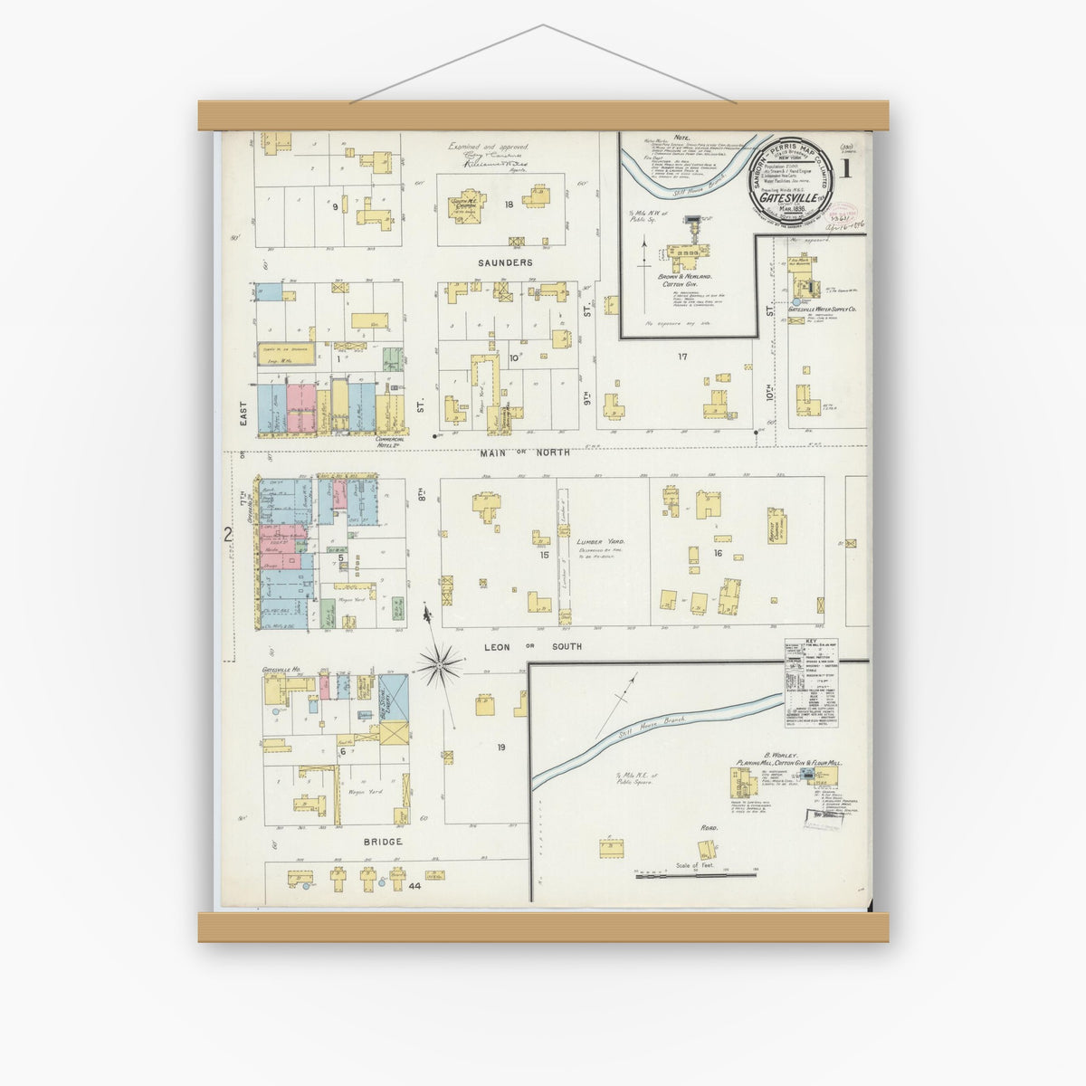 Old map wall art mockup — magnetic wood frame on white wall — Sanborn Fire Insurance Map from Gatesville, Coryell County, Texas (1896) - Complete Map Set