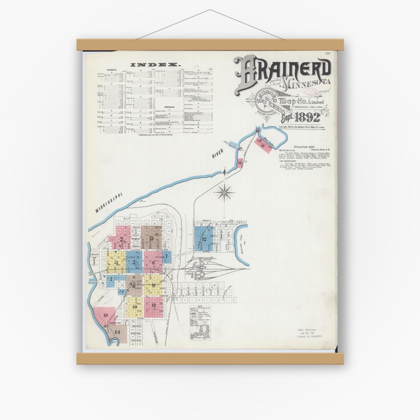 Old map wall art mockup — magnetic wood frame on white wall — Sanborn Fire Insurance Map from Brainerd, Crow Wing County, Minnesota (1892) - Complete Map Set