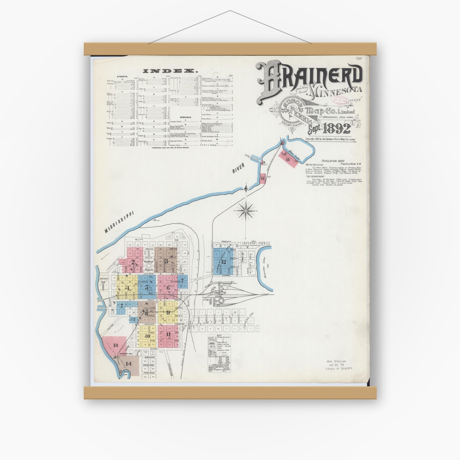 Old map wall art mockup — magnetic wood frame on white wall — Sanborn Fire Insurance Map from Brainerd, Crow Wing County, Minnesota (1892) - Complete Map Set
