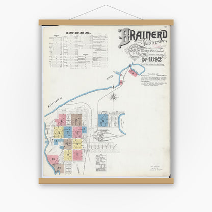 Old map wall art mockup — magnetic wood frame on white wall — Sanborn Fire Insurance Map from Brainerd, Crow Wing County, Minnesota (1892) - Complete Map Set