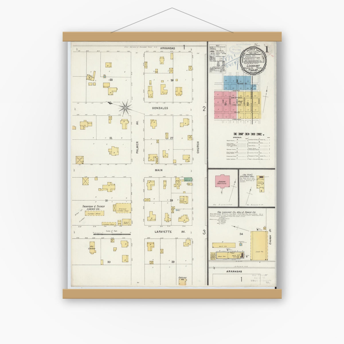 Old map wall art mockup — magnetic wood frame on white wall — Sanborn Fire Insurance Map from Lockhart, Caldwell County, Texas (1898) - Complete Map Set