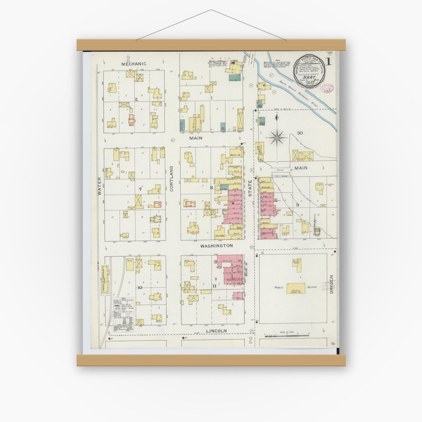 Old map wall art mockup — magnetic wood frame on white wall — Sanborn Fire Insurance Map from Hart, Oceana County, Michigan (1894), Sheet #0001