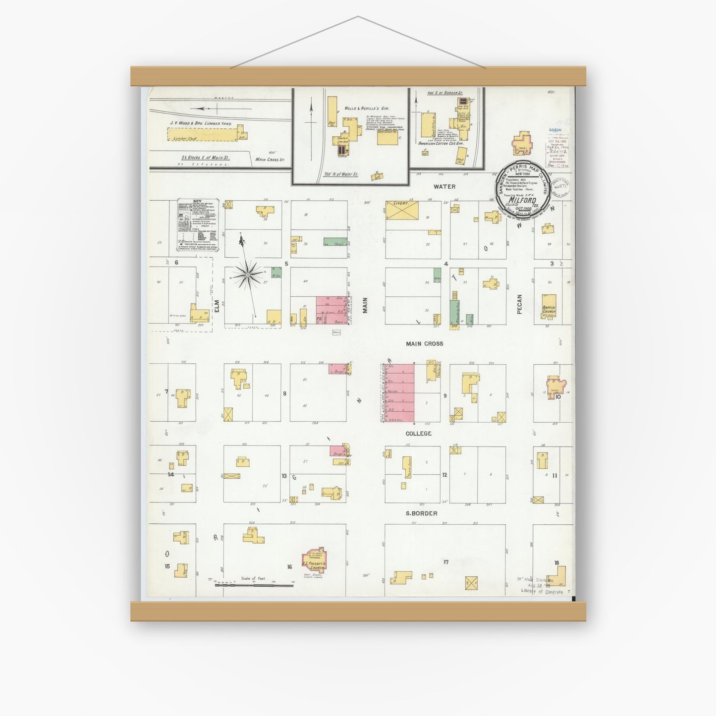 Old map wall art mockup — magnetic wood frame on white wall — Sanborn Fire Insurance Map from Milford, Ellis County, Texas (1900), Sheet #0001