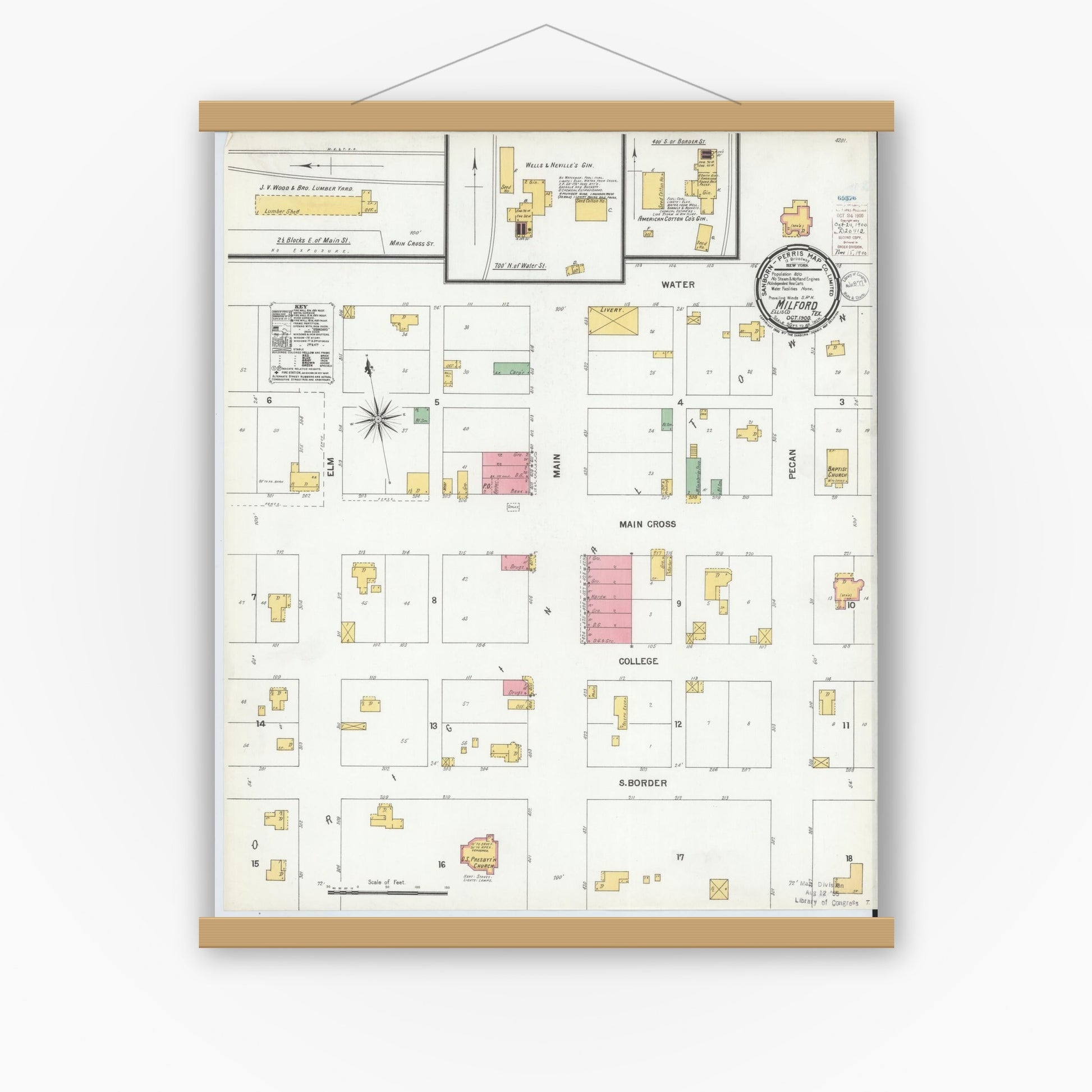 Old map wall art mockup — magnetic wood frame on white wall — Sanborn Fire Insurance Map from Milford, Ellis County, Texas (1900), Sheet #0001