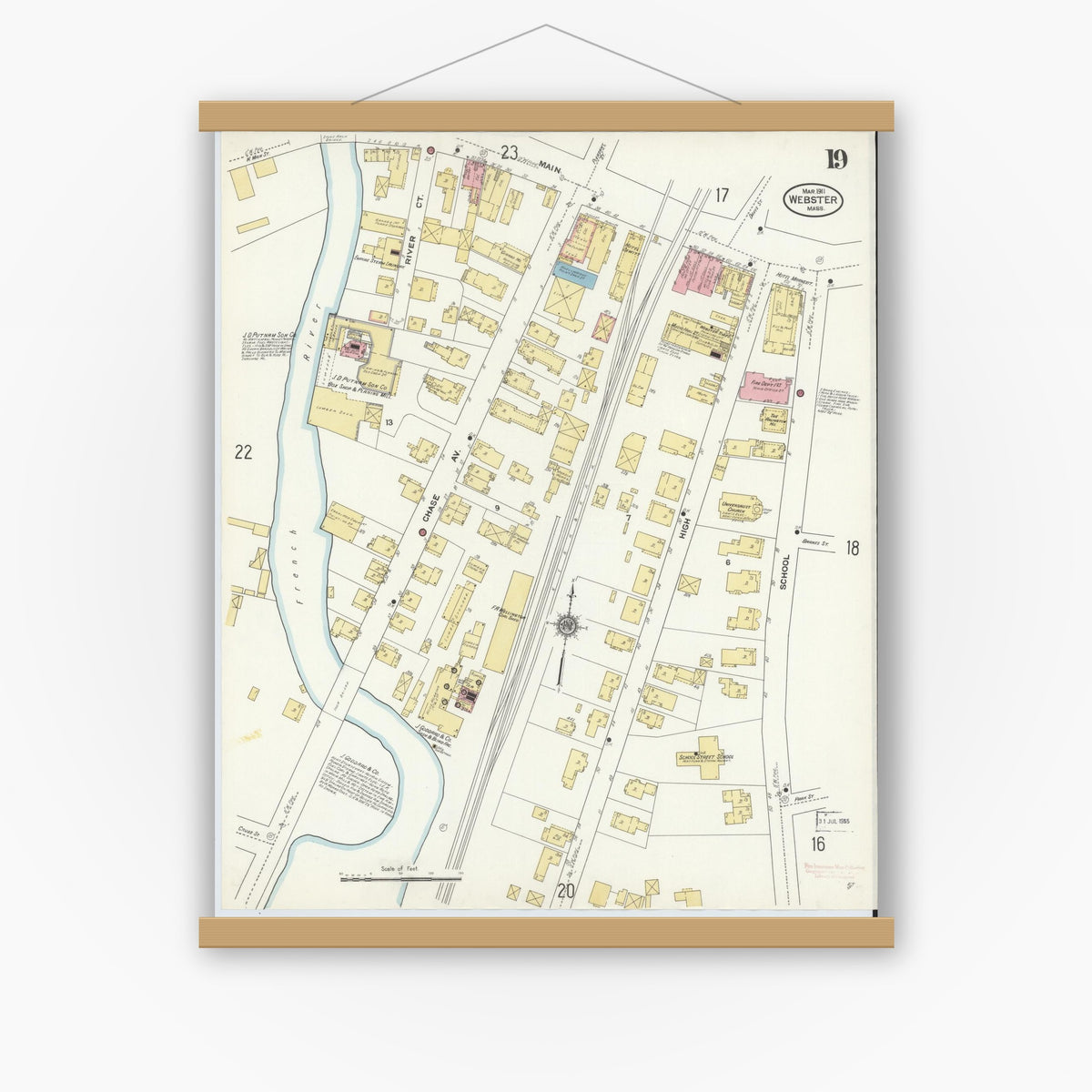 Old map wall art mockup — magnetic wood frame on white wall — Sanborn Fire Insurance Map from Webster, Worcester County, Massachusetts (1911), Sheet #0019