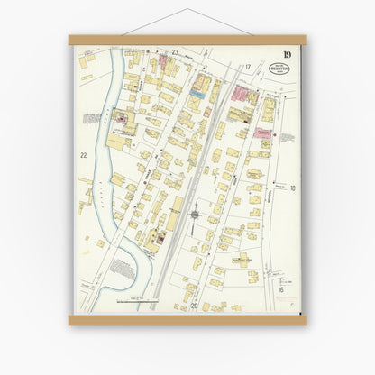 Old map wall art mockup — magnetic wood frame on white wall — Sanborn Fire Insurance Map from Webster, Worcester County, Massachusetts (1911), Sheet #0019