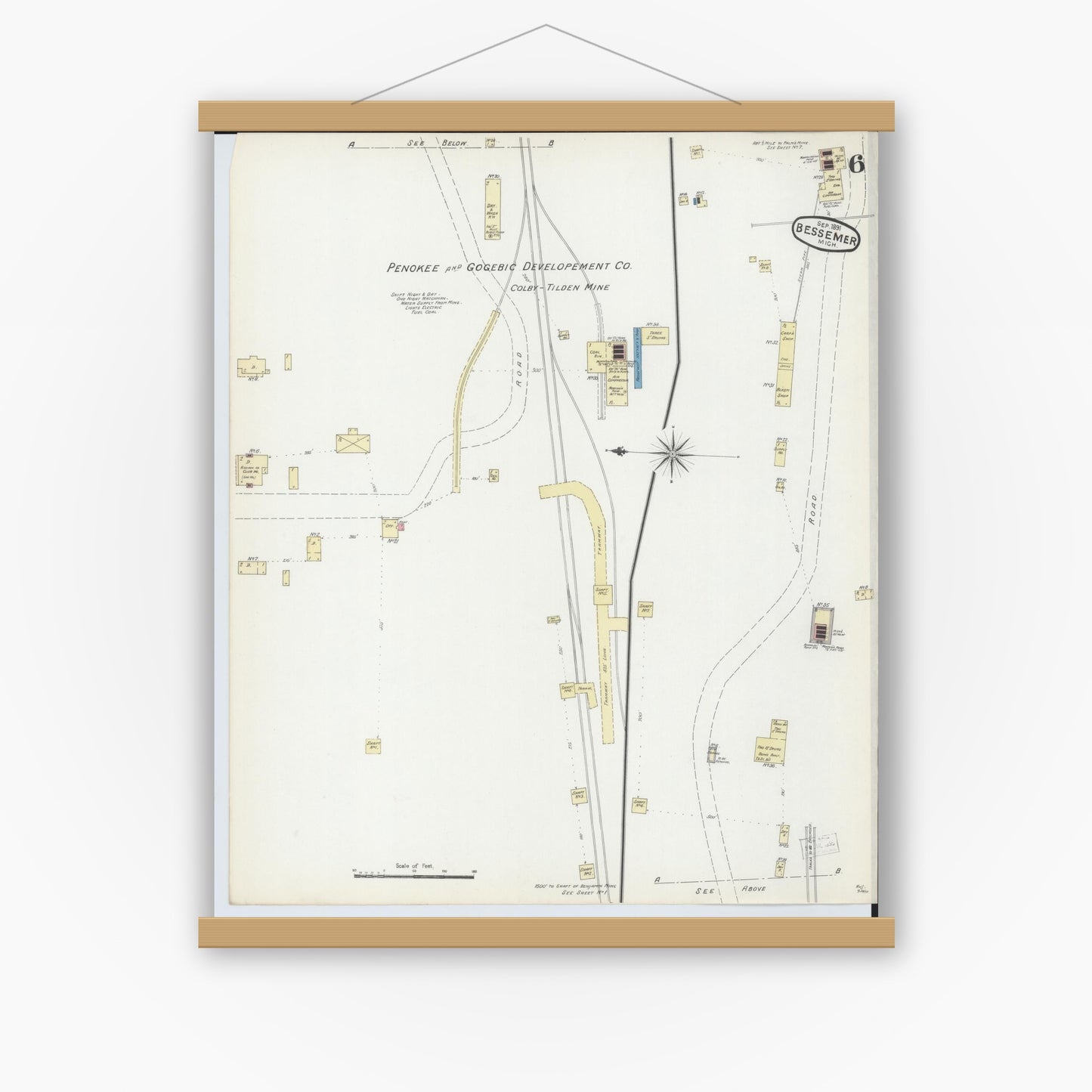 Old map wall art mockup — magnetic wood frame on white wall — Sanborn Fire Insurance Map from Bessemer, Gogebic County, Michigan (1891), Sheet #0006
