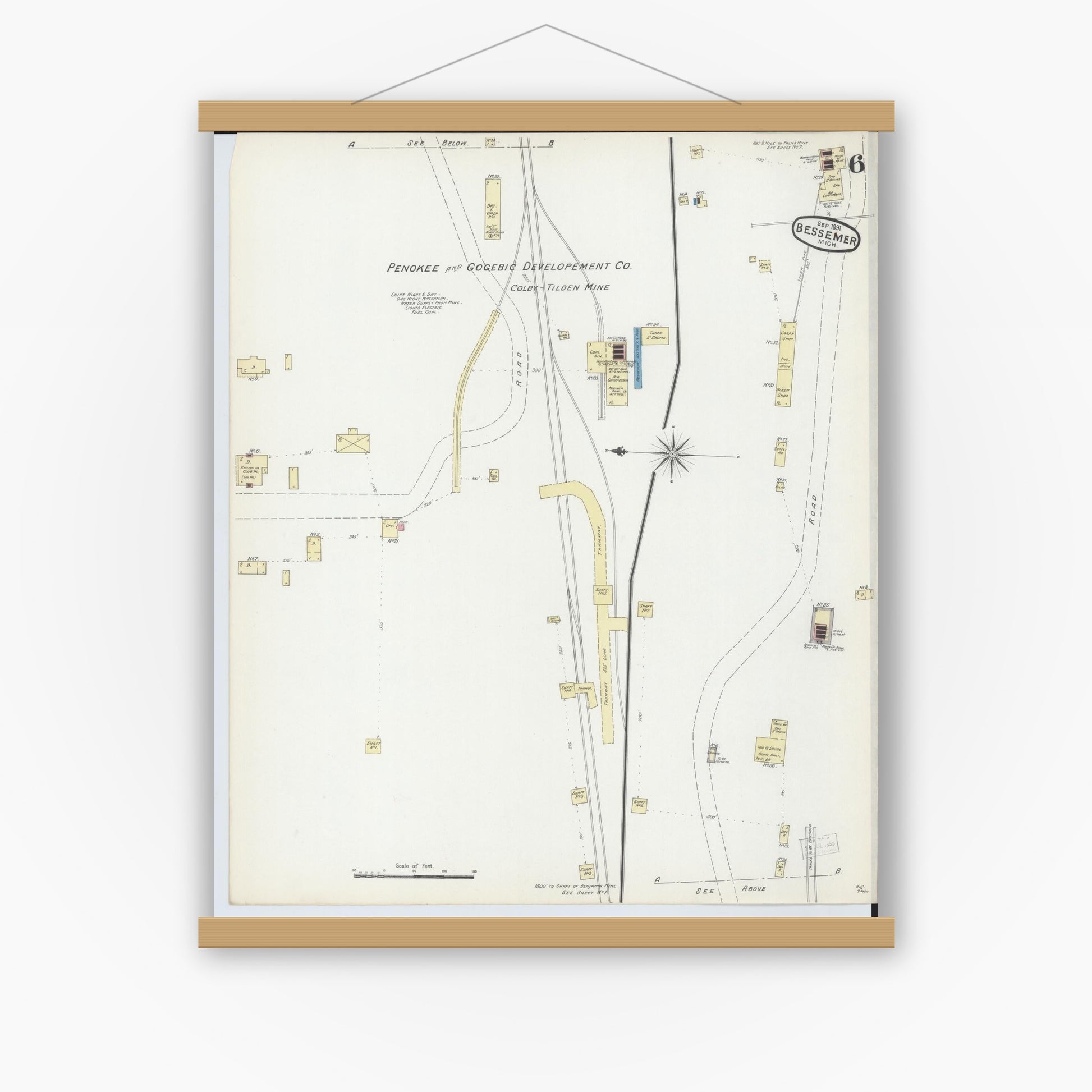 Old map wall art mockup — magnetic wood frame on white wall — Sanborn Fire Insurance Map from Bessemer, Gogebic County, Michigan (1891), Sheet #0006