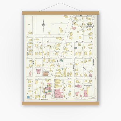 Old map wall art mockup — magnetic wood frame on white wall — Sanborn Fire Insurance Map from Fairmount, Grant County, Indiana (1909), Sheet #0002