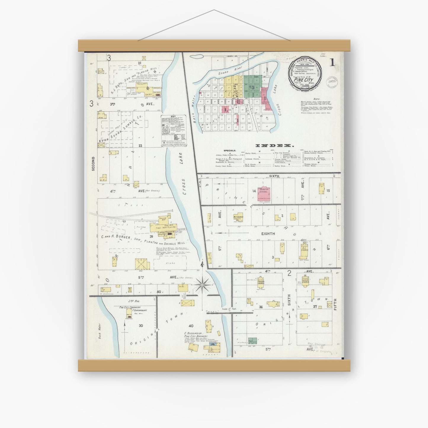 Old map wall art mockup — magnetic wood frame on white wall — Sanborn Fire Insurance Map from Pine City, Pine County, Minnesota (1899), Sheet #0001