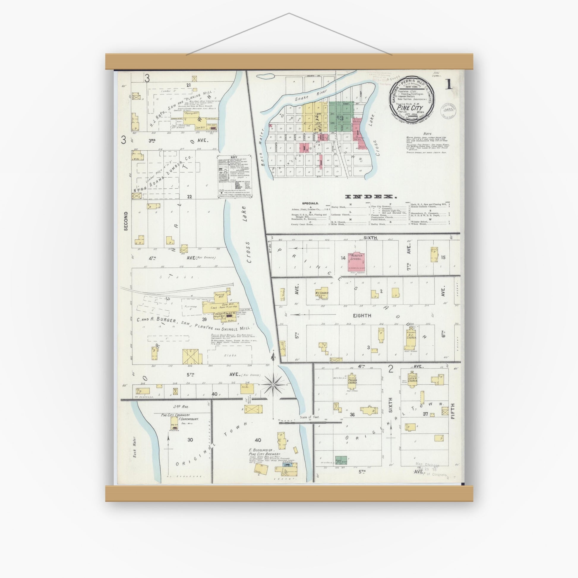 Old map wall art mockup — magnetic wood frame on white wall — Sanborn Fire Insurance Map from Pine City, Pine County, Minnesota (1899), Sheet #0001