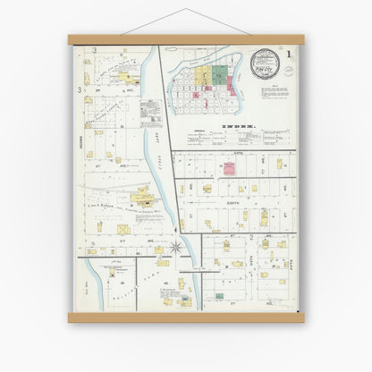 Old map wall art mockup — magnetic wood frame on white wall — Sanborn Fire Insurance Map from Pine City, Pine County, Minnesota (1899), Sheet #0001