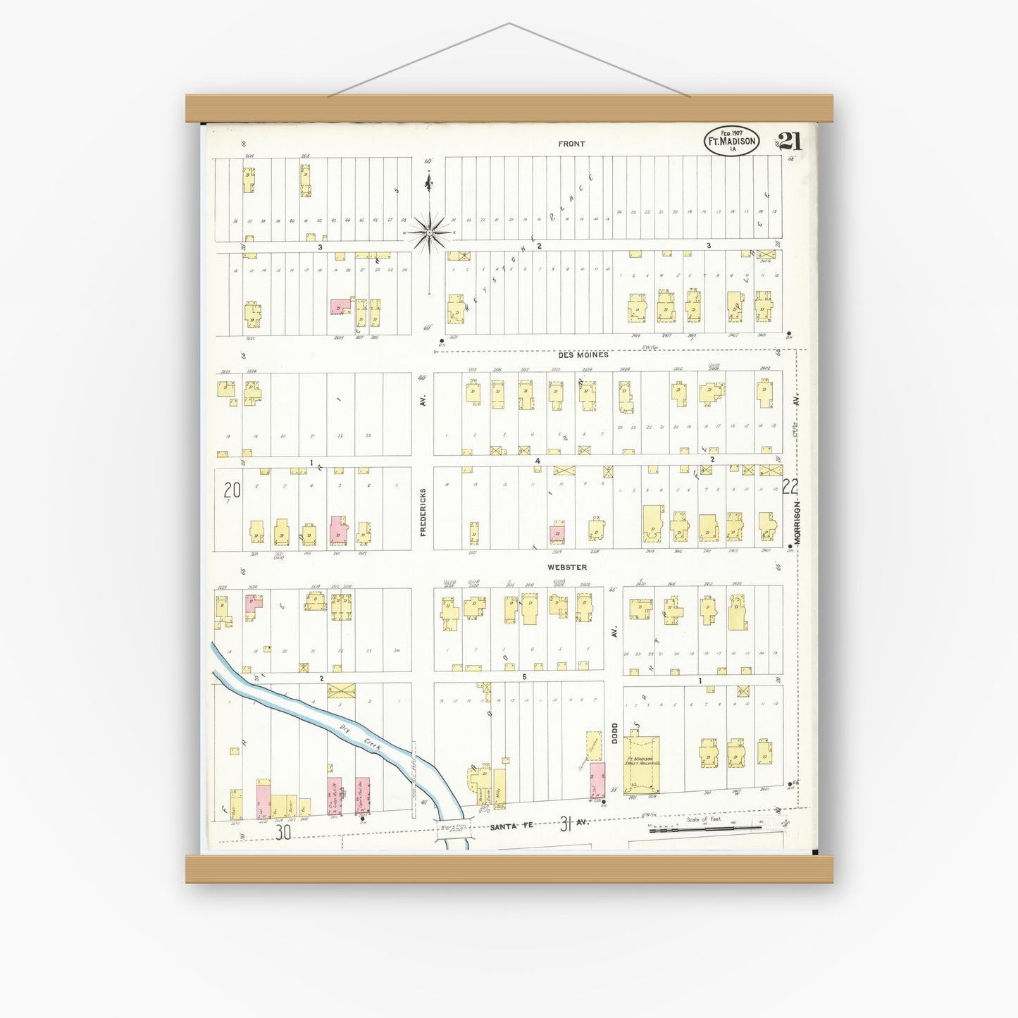 Old map wall art mockup — magnetic wood frame on white wall — Sanborn Fire Insurance Map from Fort Madison, Lee County, Iowa (1907), Sheet #0021