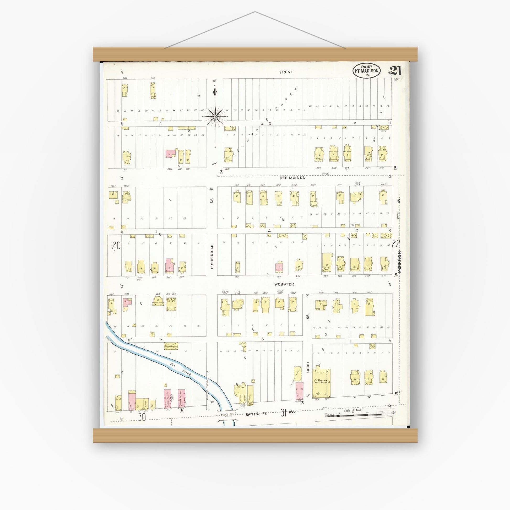 Old map wall art mockup — magnetic wood frame on white wall — Sanborn Fire Insurance Map from Fort Madison, Lee County, Iowa (1907), Sheet #0021
