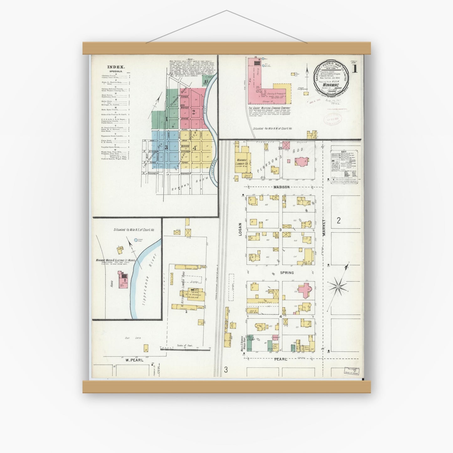 Old map wall art mockup — magnetic wood frame on white wall — Sanborn Fire Insurance Map from Winamac, Pulaski County, Indiana (1899) - Complete Map Set