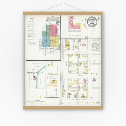 Old map wall art mockup — magnetic wood frame on white wall — Sanborn Fire Insurance Map from Winamac, Pulaski County, Indiana (1899) - Complete Map Set