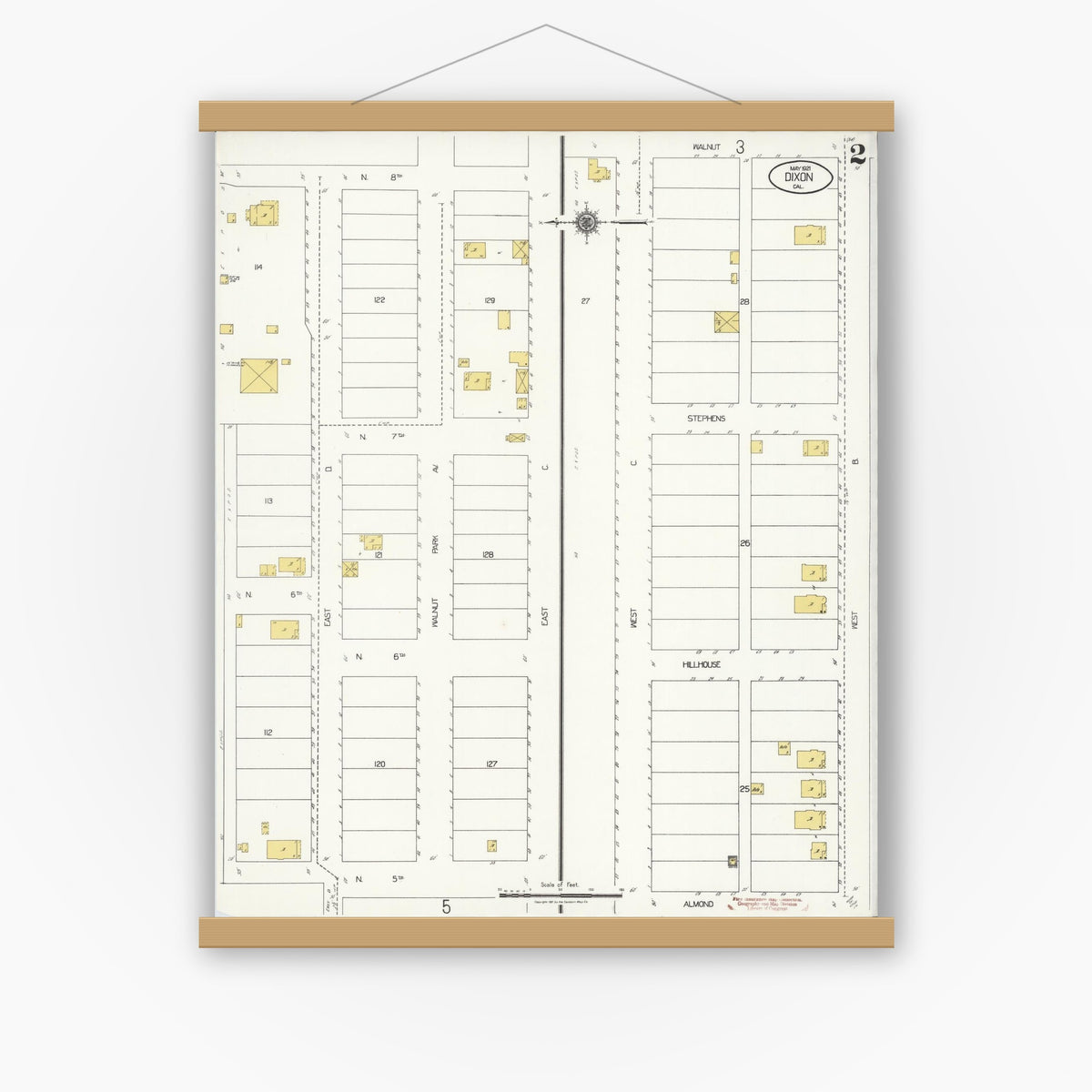 Old map wall art mockup — magnetic wood frame on white wall — Sanborn Fire Insurance Map from Dixon, Solano County, California (1921), Sheet #0002