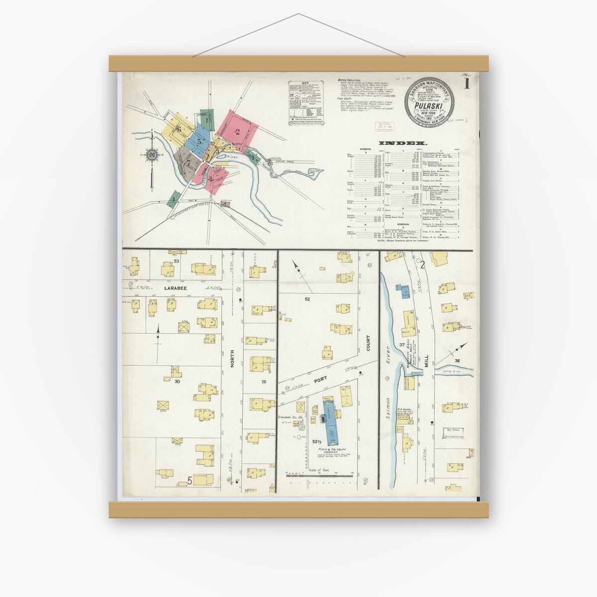 Old map wall art mockup — magnetic wood frame on white wall — Sanborn Fire Insurance Map from Pulaski, Oswego County, New York (1911) - Complete Map Set