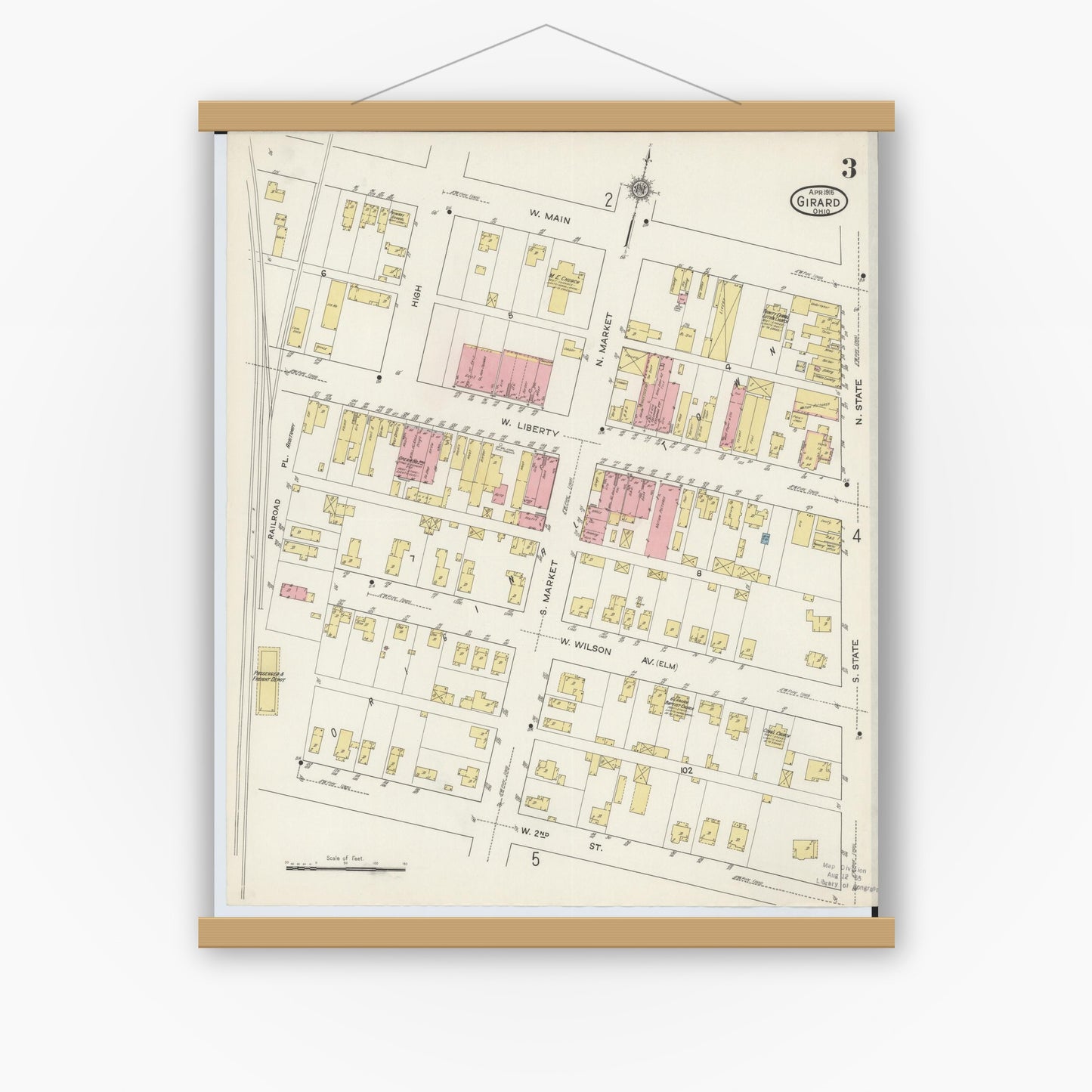 Old map wall art mockup — magnetic wood frame on white wall — Sanborn Fire Insurance Map from Girard, Trumbull County, Ohio (1915), Sheet #0003