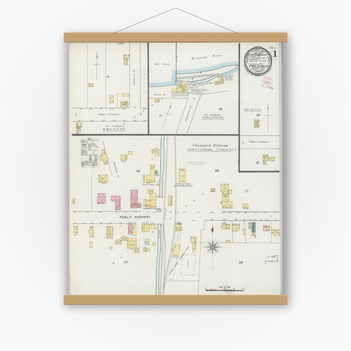 Old map wall art mockup — magnetic wood frame on white wall — Sanborn Fire Insurance Map from Fredonia, Ozaukee County, Wisconsin (1894) - Complete Map Set