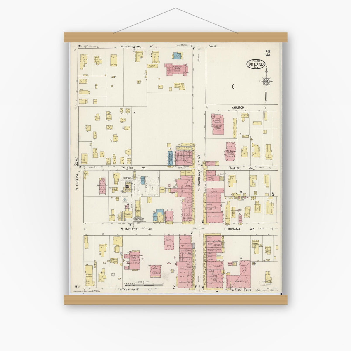 Old map wall art mockup — magnetic wood frame on white wall — Sanborn Fire Insurance Map from De Land, Volusia County, Florida (1915), Sheet #0002