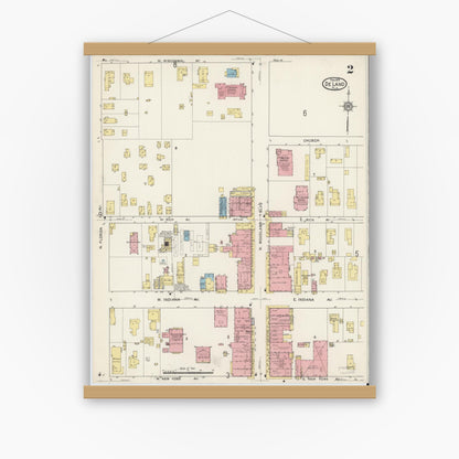 Old map wall art mockup — magnetic wood frame on white wall — Sanborn Fire Insurance Map from De Land, Volusia County, Florida (1915), Sheet #0002