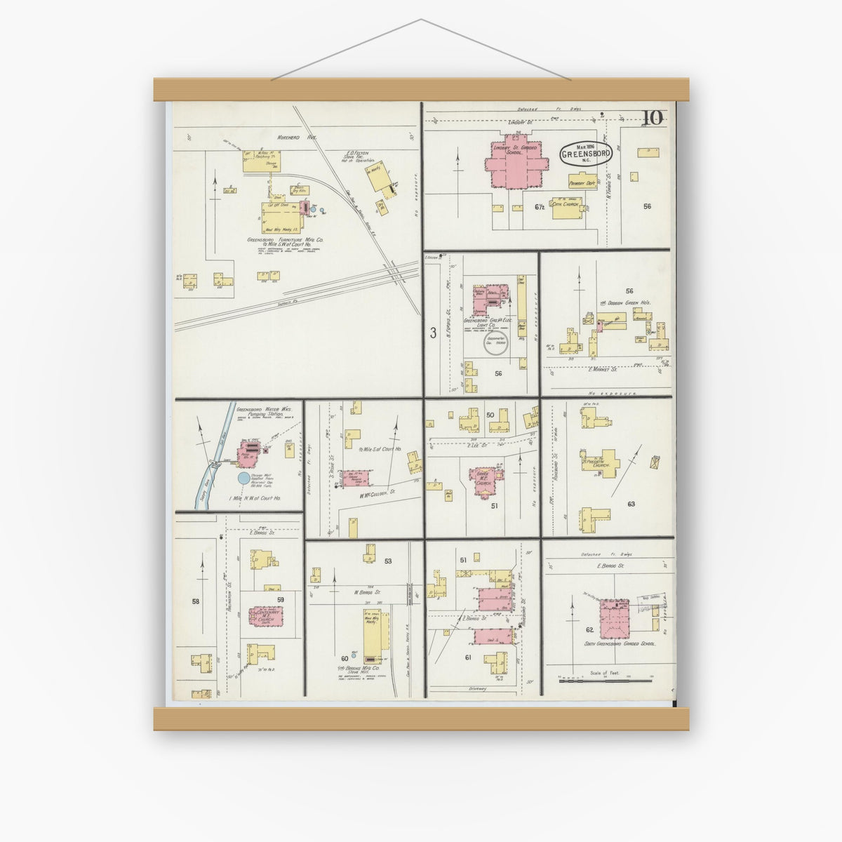 Old map wall art mockup — magnetic wood frame on white wall — Sanborn Fire Insurance Map from Greensboro, Guilford County, North Carolina (1896), Sheet #0010
