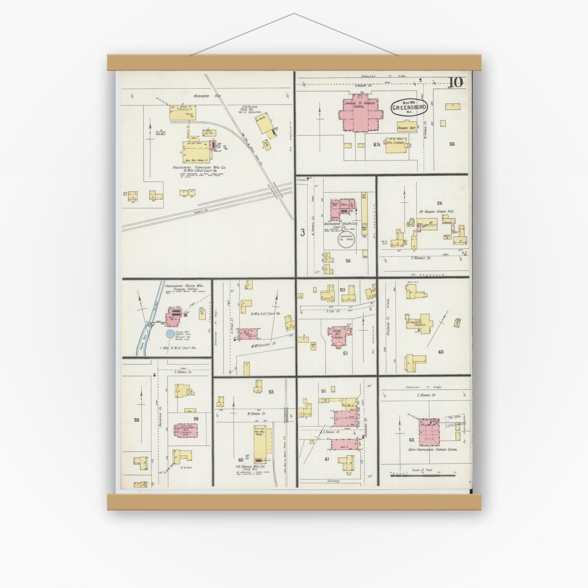 Old map wall art mockup — magnetic wood frame on white wall — Sanborn Fire Insurance Map from Greensboro, Guilford County, North Carolina (1896), Sheet #0010