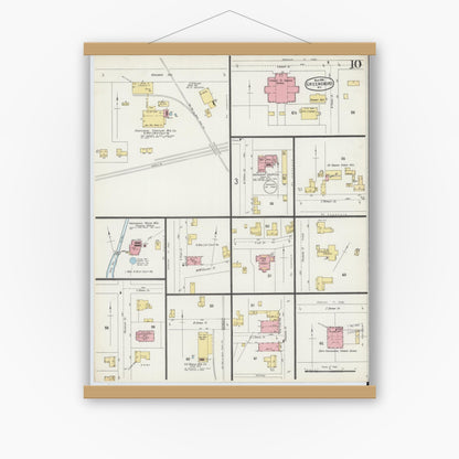 Old map wall art mockup — magnetic wood frame on white wall — Sanborn Fire Insurance Map from Greensboro, Guilford County, North Carolina (1896), Sheet #0010