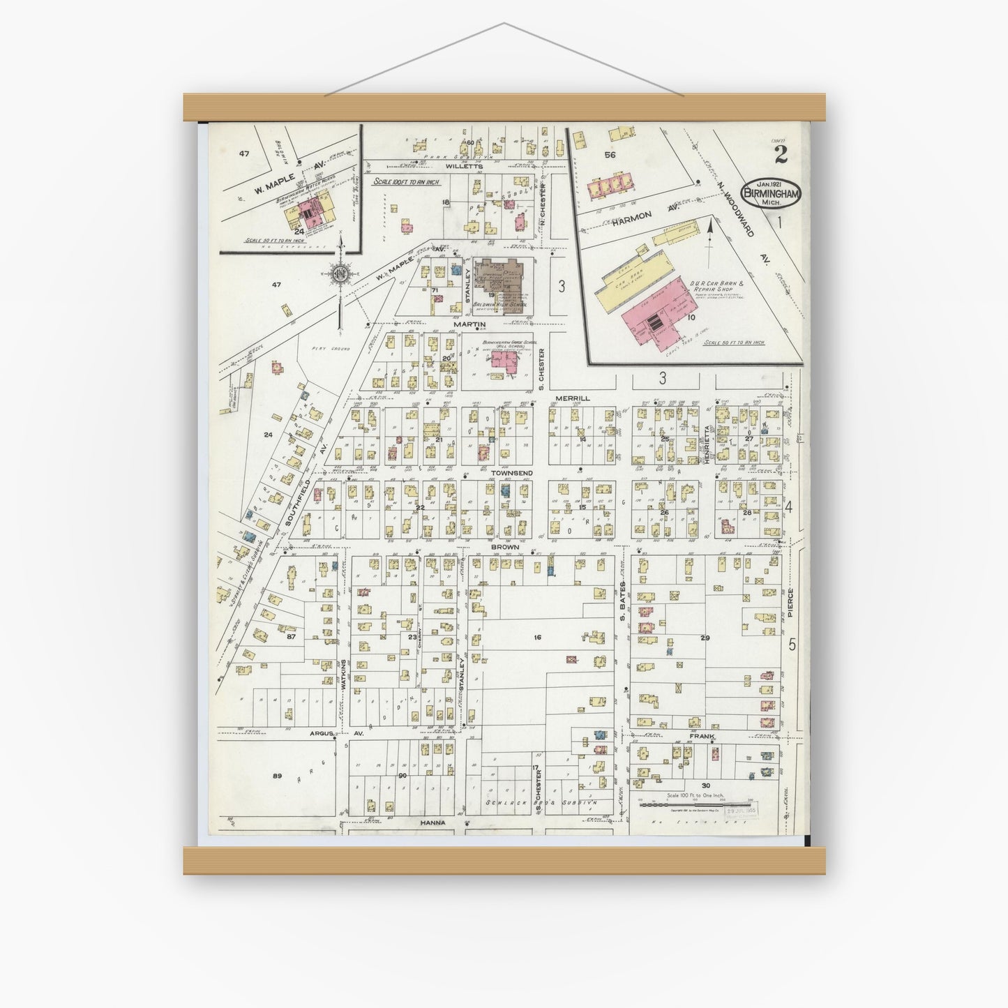Old map wall art mockup — magnetic wood frame on white wall — Sanborn Fire Insurance Map from Birmingham, Oakland County, Michigan (1921), Sheet #0002