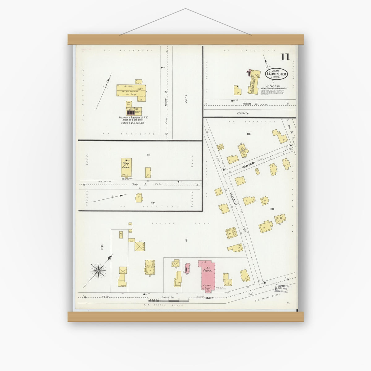 Old map wall art mockup — magnetic wood frame on white wall — Sanborn Fire Insurance Map from Leominster, Worcester County, Massachusetts (1901), Sheet #0011