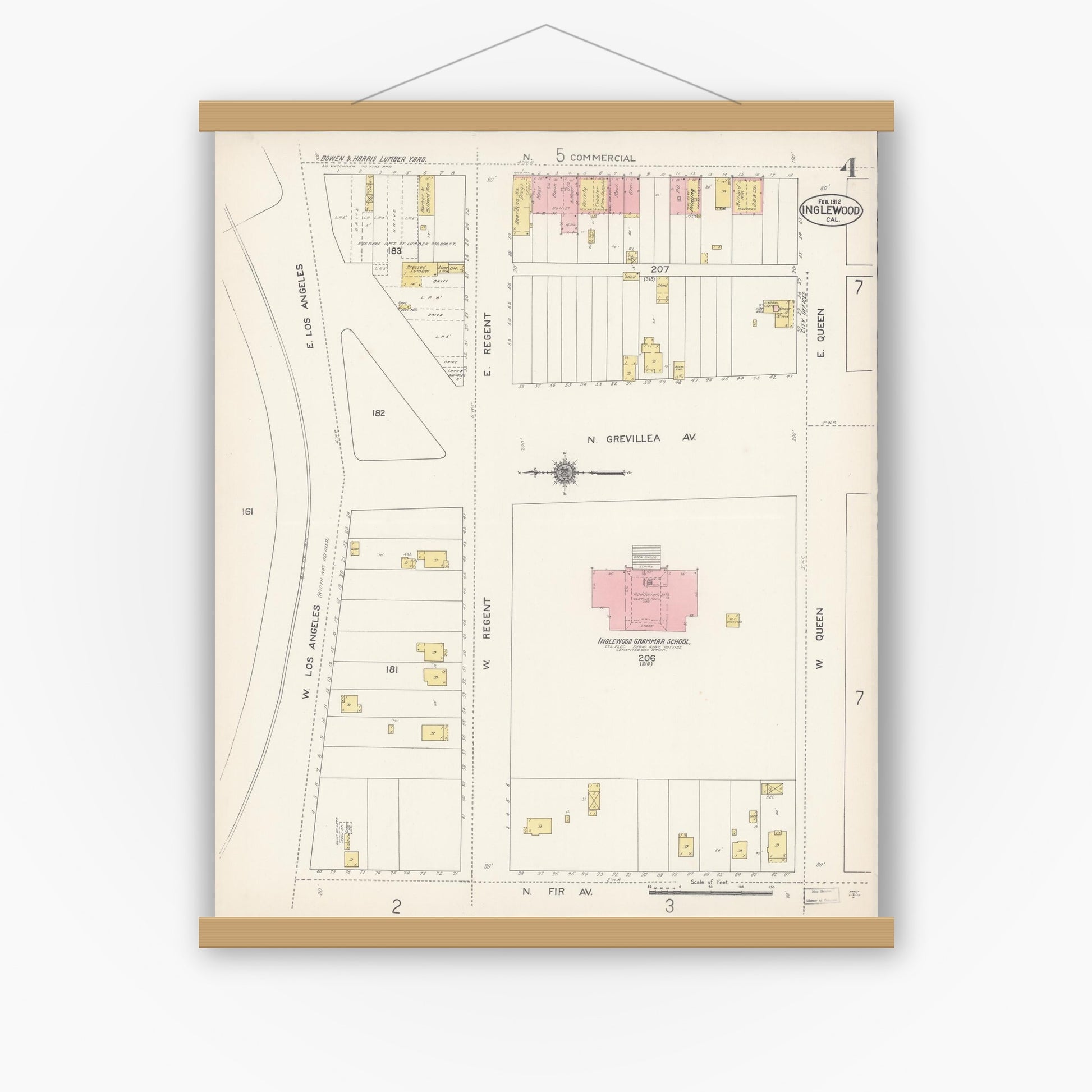 Old map wall art mockup — magnetic wood frame on white wall — Sanborn Fire Insurance Map from Inglewood, Los Angeles County, California (1912), Sheet #0004