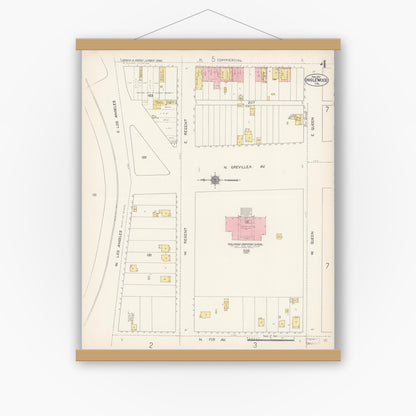 Old map wall art mockup — magnetic wood frame on white wall — Sanborn Fire Insurance Map from Inglewood, Los Angeles County, California (1912), Sheet #0004