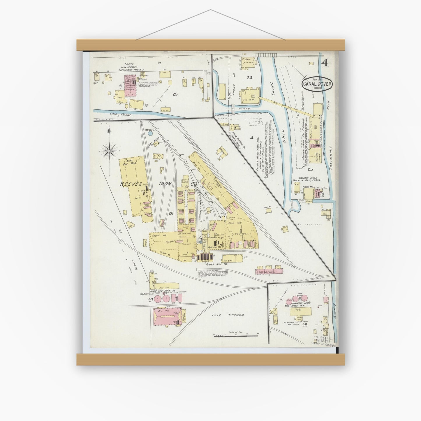 Old map wall art mockup — magnetic wood frame on white wall — Sanborn Fire Insurance Map from Canal Dover, Tuscarawas County, Ohio (1893), Sheet #0004