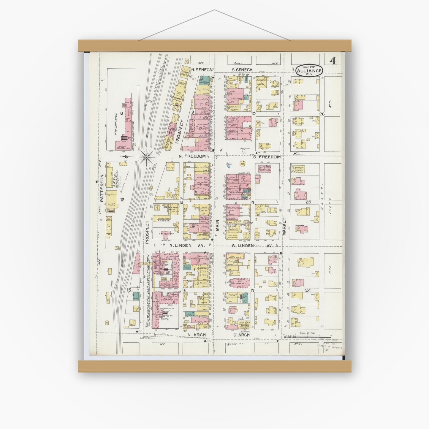 Old map wall art mockup — magnetic wood frame on white wall — Sanborn Fire Insurance Map from Alliance, Stark County, Ohio (1892), Sheet #0004