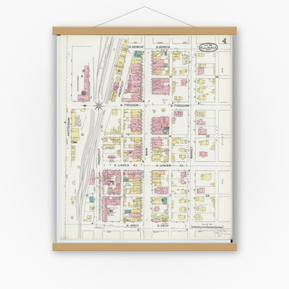 Old map wall art mockup — magnetic wood frame on white wall — Sanborn Fire Insurance Map from Alliance, Stark County, Ohio (1892), Sheet #0004