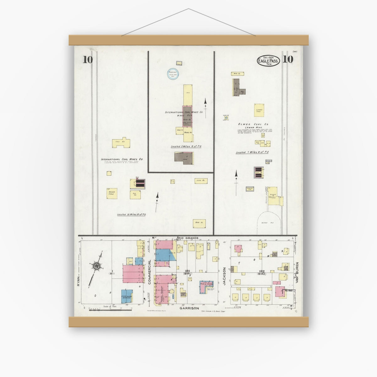 Old map wall art mockup — magnetic wood frame on white wall — Sanborn Fire Insurance Map from Eagle Pass, Maverick County, Texas (1924), Sheet #0010
