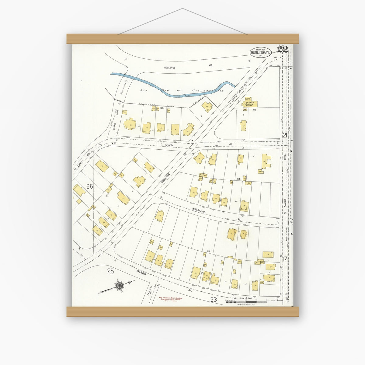 Old map wall art mockup — magnetic wood frame on white wall — Sanborn Fire Insurance Map from Burlingame, San Mateo County, California (1921), Sheet #0022