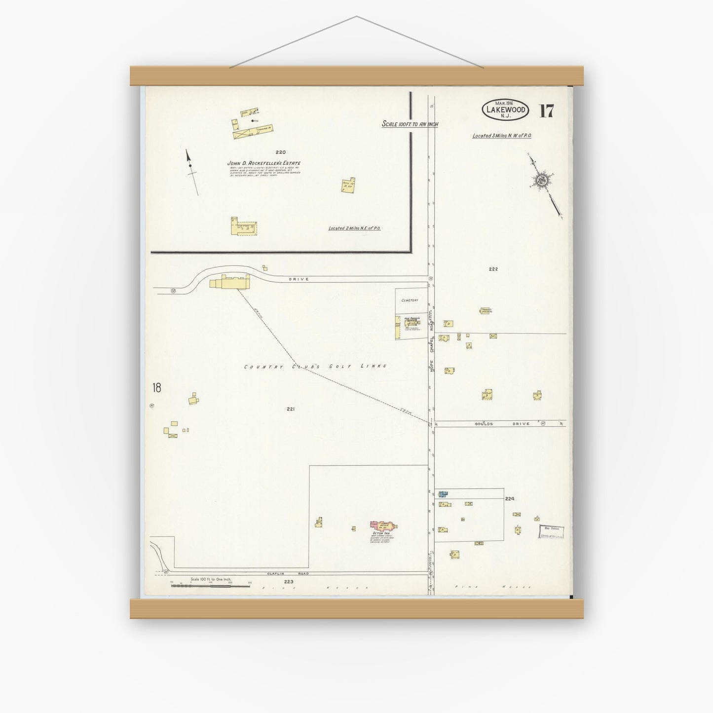 Old map wall art mockup — magnetic wood frame on white wall — Sanborn Fire Insurance Map from Lakewood, Ocean County, New Jersey (1916), Sheet #0017