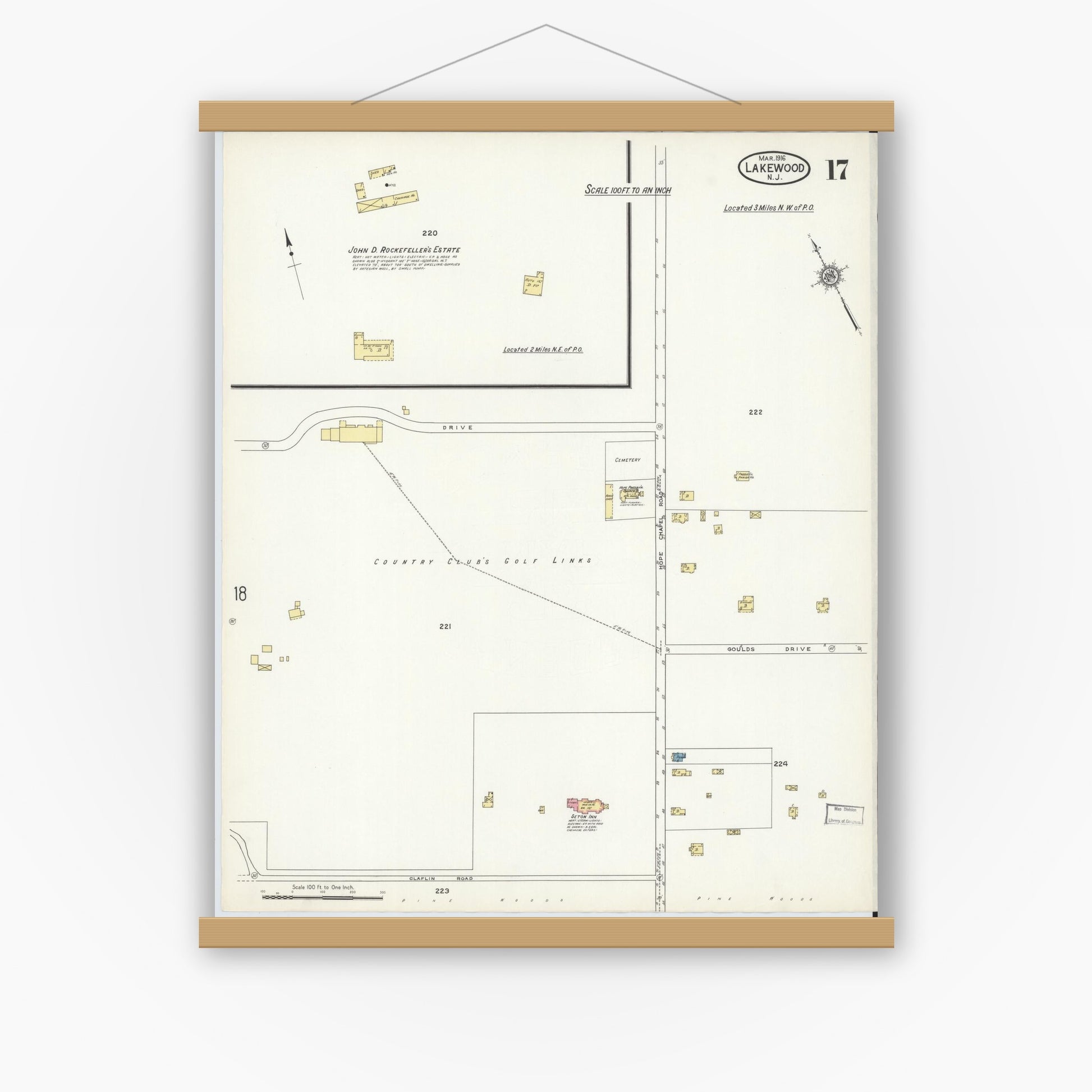 Old map wall art mockup — magnetic wood frame on white wall — Sanborn Fire Insurance Map from Lakewood, Ocean County, New Jersey (1916), Sheet #0017